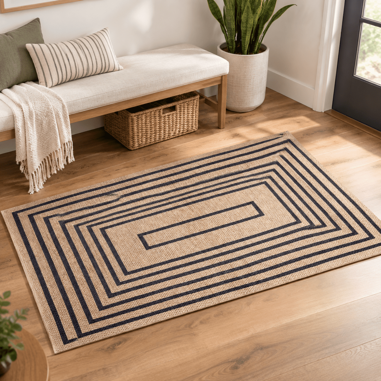 Geometric Black 2x4ft Easy Jute Washable Non-Slip Small Area Rug ...