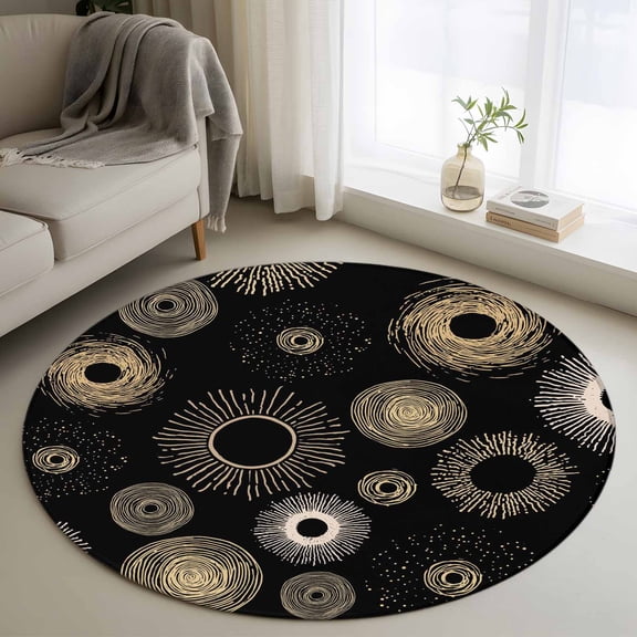 Geometric Black 3ft Area Rug, Abstract Goldeb White Boho Circle Dot Washable Non-Slip Small Round Rugs for Entryway Bedroom Kitchen, Soft Circle Carpet for Dining Room, Playroom Nursery Rug