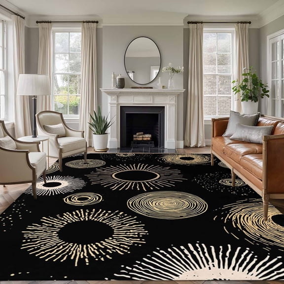 Geometric Black 6'x9' Area Rug for Living Room, Abstract Goldeb White Boho Circle Dot Non-Slip Floor Mat Rugs for Bedroom Dining Room, Indoor Large Carpet for Classroom, Nursery Rugs for Playroom