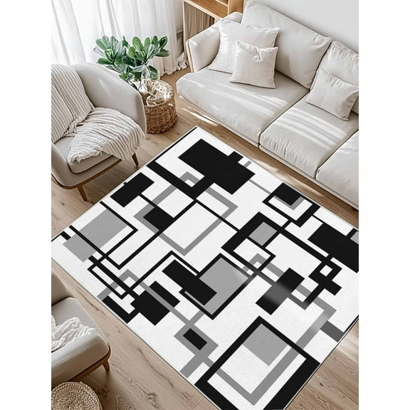 Geometric Black Area Rug for Bedroom 4x6 Ft White and Gray Line Super Soft fuzzy Throw Rug Non-Slip Fluffy Plush Indoor Floor Carpet for Living Room Nursery Home Decor