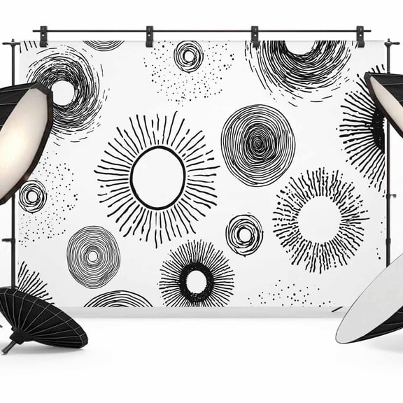 Geometric Black Backdrop for Photography,Fabric Photo Background Backdrop,Abstract Grey White Boho Circle Dot Photo Booth Background for Portrait Photoshoot Video Wedding Studio Decor Banner 7x5ft