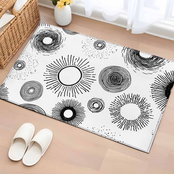 Geometric Black Bathroom Rug Washable 2x3 Entryway Rug Non Slip Abstract Grey White Boho Circle Dot Front Door Mat Low Pile Indoor Doormat Throw Floor Carpet for Kitchen Bedroom Entrance