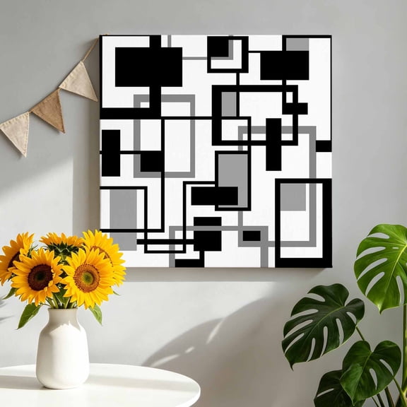 Geometric Black Canvas Wall Art Framed Wall Decor for Living Room Bedroom Bathroom, White and Gray Line Canvas Pictures Ready to Hang Decor, 8"x8"