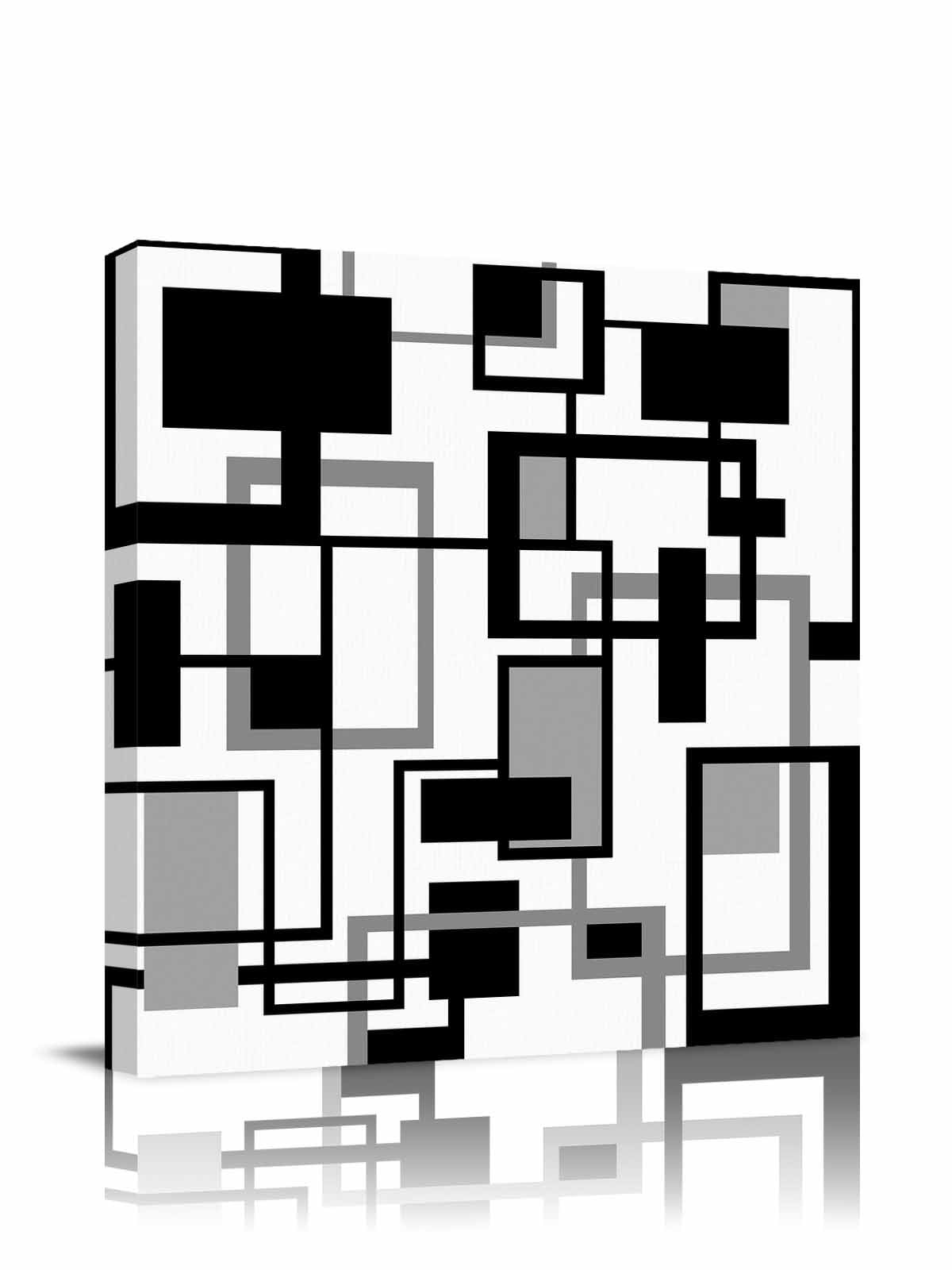Geometric Black Canvas Wall Art, White and Gray Line Framed Wall Decor Modern Artwork Prints Painting for Living Room, Bedroom, Kitchen & Cafe Decor 16x16 Inch