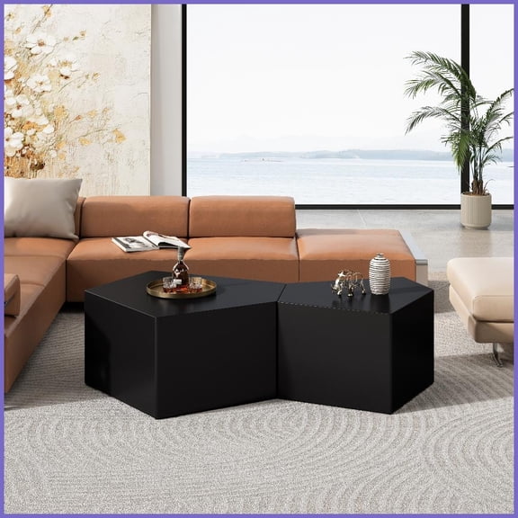 Geometric Black Coffee Table Set of 2, Space-Saving MDF Coffee Tables with Easy-Clean Surface, No Assembly Needed