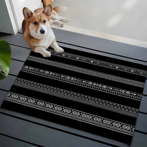 Geometric Black Front Door Rugs 2x3 ft Ethnic Stripes Small Rug for Entryway Non Slip Washable Bathroom Door Mat Absorbent Floor Mat for Indoor Entrance