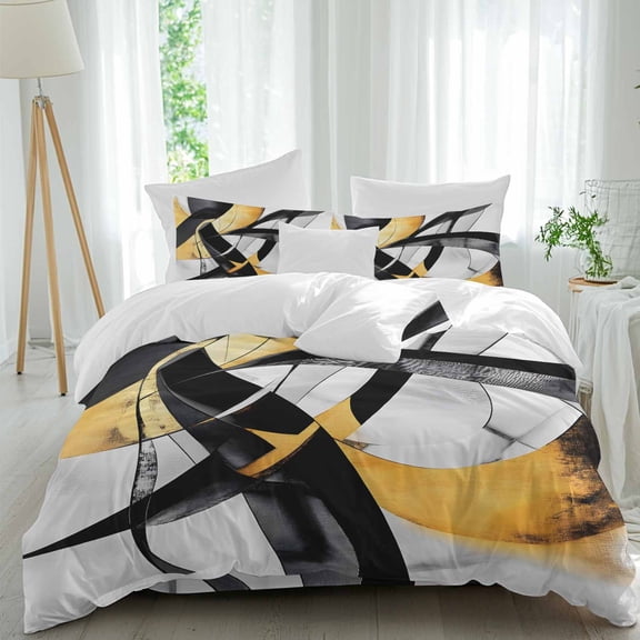 Geometric Black Gold 4 Piece Duvet Cover Set California King Size Abstract Line Street Art Soft Bedding Set Comforter Cover, 1 Duvet Cover 1 Flat Sheets and 2 Pillowcases