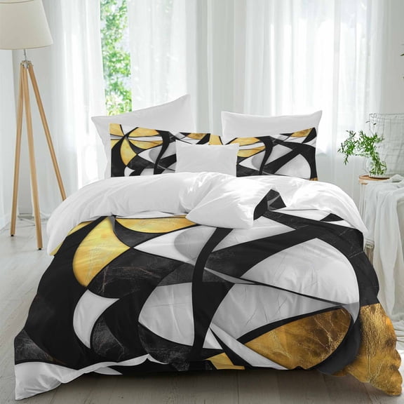 Geometric Black Gold 4 Piece Duvet Cover Set California King Size Line Street Art Soft Bedding Set Comforter Cover, 1 Duvet Cover 1 Flat Sheets and 2 Pillowcases