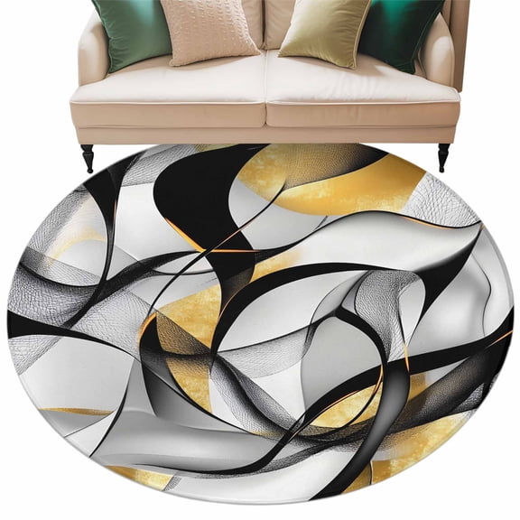 Geometric Black Gold Round Area&nbsp;Rug 5ft Street Art Abstract Non-Slip&nbsp;Washable Circle Rugs Soft Felt Indoor Floor Mat for Bedroom Kitchen Living Room Bathroom