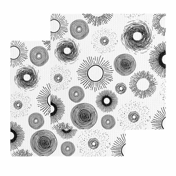 Geometric Black Kitchen Dish Towels for Drying Dishes Set of 2, Abstract Grey White Boho Circle Dot Waffle Weave Microfiber Hand Tea Bathroom Towels Quick Dry & Absorbent Towel 12x12
