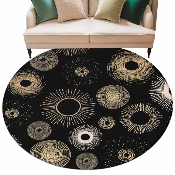 Geometric Black Large Area Rugs for Bedroom Living Room, Soft Non Slip Carpet Bedside Rug, Abstract Goldeb White Boho Circle Dot Round Floor Cover Kitchen Accent Rug 8' for Dining Room/Office