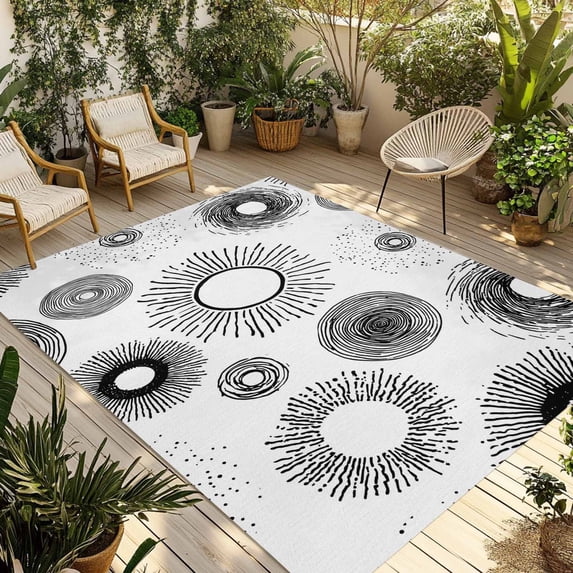 Geometric Black Outdoor Rug 5x7 Ft - Reversible Patio Rug Outdoor Camping Rugs, Abstract Grey White Boho Circle Dot Washable Indoor Outdoor Area Rugs, Non-Slip Outdoor Carpet Runner for Deck/Porch