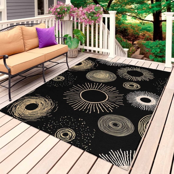 Geometric Black Outdoor Rug for Patio/Deck/Porch, Non-Slip Large Area Rug 4 x 6 Ft, Abstract Goldeb White Boho Circle Dot Indoor Outdoor Rugs Washable Area Rugs, Reversible Camping Rug Carpet Runner