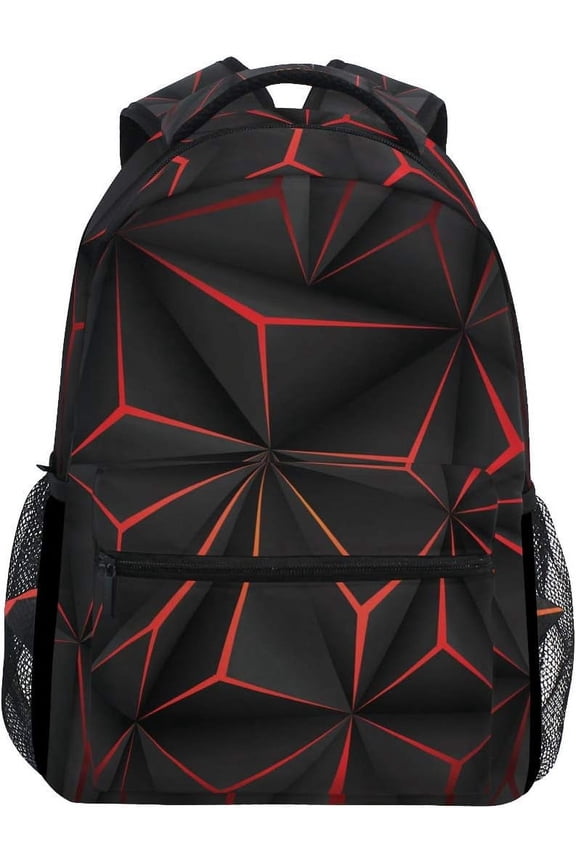 Geometric Black Polygon Red Futuristic Large Backpack Personalized Laptop iPad Tablet Travel School Bag with Multiple Pockets