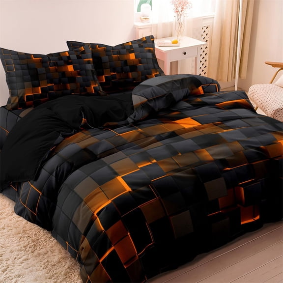 Geometric Black Queen Comforter Set,Light Honeycomb Bedding Set 3 Piece,Bed Sheet Set Geometry Decor,Microfiber Lightweight,1 Duvet Cover+2 Pillowcase(Orange 3pcs/Set)from QiwagFerng
