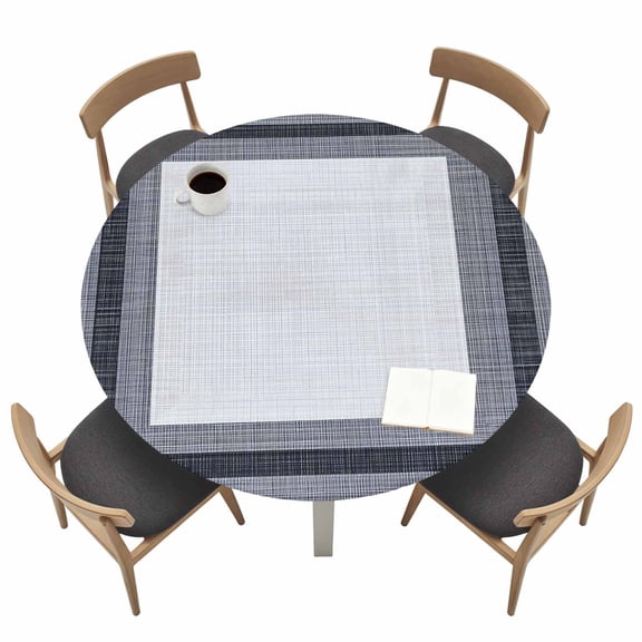 Geometric Black Round Fitted Tablecloth with Elastic Edge White and Gray Squares Grid Lines Texture Table Cover Fit for 45"-54" Tables Waterproof Tablecloths for Dinner Camping Picnic