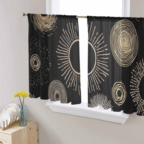 Geometric Black Sheer Curtains 54 Inches Length 2 Panels Set, Window Sheer Curtains for Living Room/Bedroom, Abstract Goldeb White Boho Circle Dot Light Filtering Rod Pocket Curtain 52'' x 54'' x 2