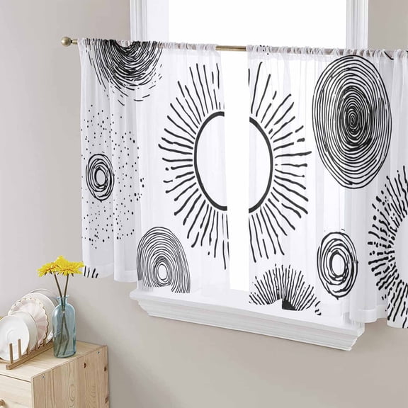 Geometric Black Sheer Curtains 54 Inches Length 2 Panels Set, Window Sheer Curtains for Living Room/Bedroom, Abstract Grey White Boho Circle Dot Light Filtering Rod Pocket Curtain 52'' x 54'' x 2