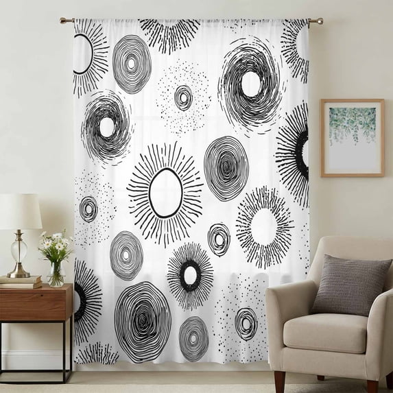 Geometric Black Sheer Curtains 72 Inches Long, Abstract Grey White Boho Circle Dot Light Filering Curtains, Breathable Simi Curtain Privacy Drapes for Living Room Bedroom Lightweight Window Treatment