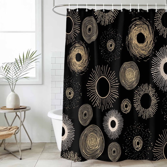 Geometric Black Small Stall Shower Curtain, Waterproof Shower Curtains for Bathroom, Abstract Goldeb White Boho Circle Dot Washable Fabric Cloth Bath Curtain for Bathtub with Hooks 36x72 Inches