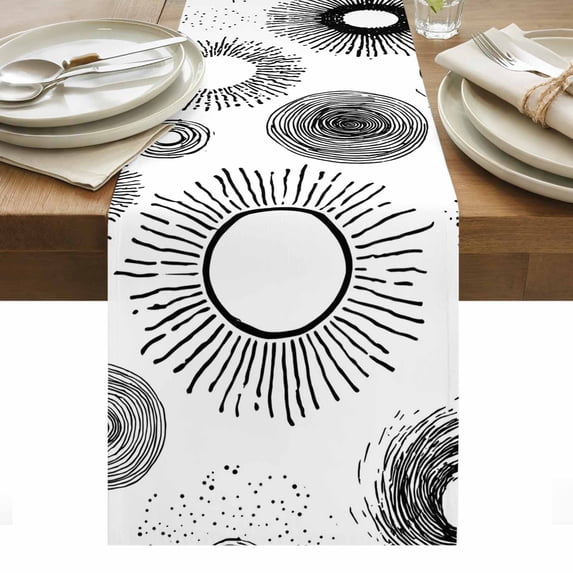 Geometric Black Table Runner - 90 Inch Long, Kitchen Dining Table Runner Dresser Scarves, Abstract Grey White Boho Circle Dot Farmhouse Decor for Coffee Tables Wedding Party Banquet