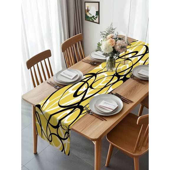 Geometric Black White Curve Stripe Table Runner 13x70in Non-Slip Cotton Linen Table Runners, Abstract Wave Line on Yellow Dresser Scarves TableRunner for Dinner Kitchen Dining Wedding Party
