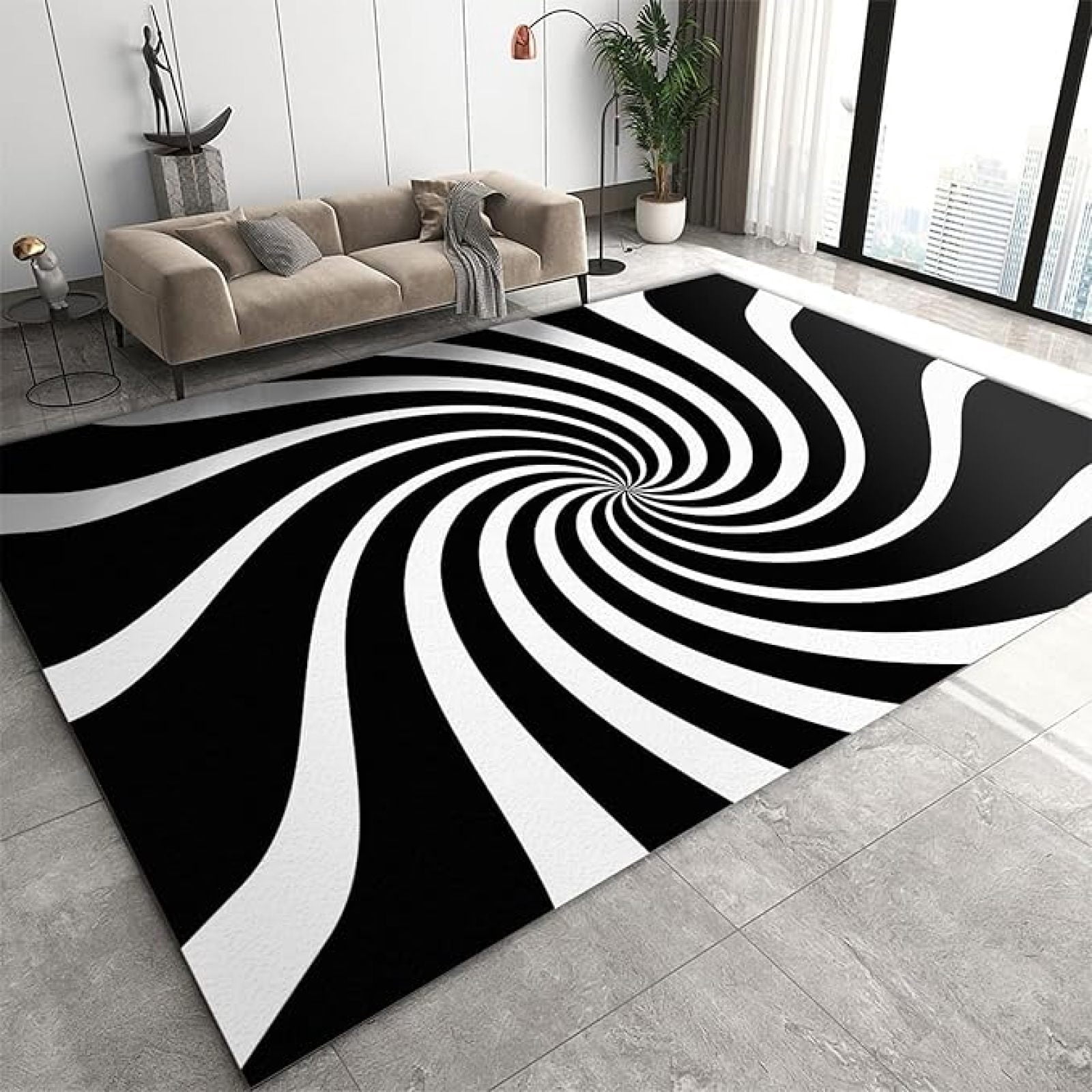 Geometric Black White Grid Area Rug, 3D Trap Creative Swirl Soft ...