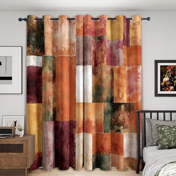 Geometric Blackout Curtains, Abstract Antique Distressed Rusty Orange Curtains for Bedroom Living Room Kitchen Window, Geometric Home Decor Drapes 42"W x 96"L