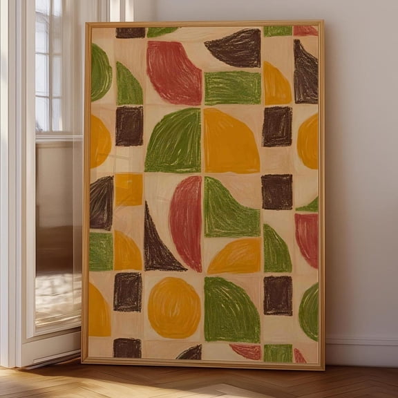 Geometric Block Print Dopamine Decor Mid Century Modern Wall Art Mustard And Green Poster UNFRAMED PAPER POSTER, Home Decor, Vintage Gift, Living Room Dercor