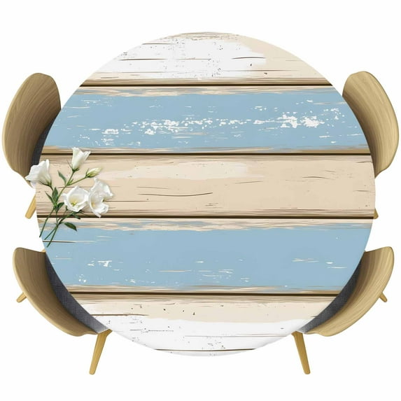 Geometric Blue Beige Round Tablecloth 45-54 Inch Round Fitted Table Cloth with Elastic Edge, Farmhosue Vintage Shabby Wood Grain Waterproof Table Cover Protector for Outdoor Picnic Party Dining