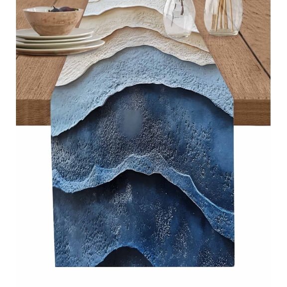 Geometric Blue Beige Table Runner-Cotton Linen- 60 Inch Holiday Dresser Scarves, Abstract Ocean Ombre Sand Seawave Tablerunner for Kitchen Coffee/Dining Bedroom Living Room Dinner Scarf Décor 13x60