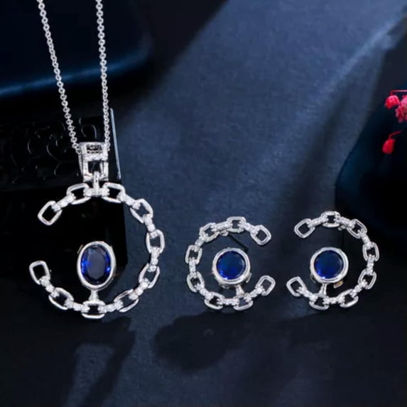 Geometric Blue CZ Women Half Big Round Necklace and Earrings Vintage Jewelry Set