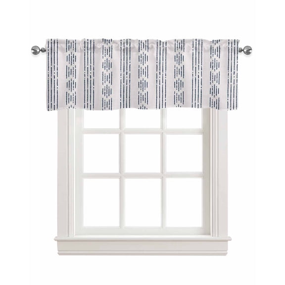 Geometric Blue Linen Curtain Valance for Bedroom/Bathroom/Kitchen/Office/Living/Dining Room Windows, Country Vintage Boho Bohemia Stripes Pocket Topper Drapes Decorative Cafe Drapery Panel 42"x12"
