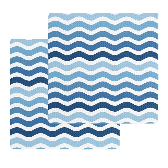Geometric Blue Ombre Kitchen Dish Towels for Drying Dishes Set of 2, Modern Gradient White Ocean Striped Waffle Weave Microfiber Hand Tea Bathroom Towels Quick Dry & Absorbent Towel 12x12