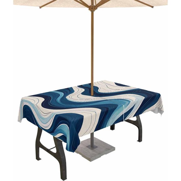 Geometric Blue Outdoor Tablecloth with Umbrella Hole Rectangle,Vintage White Stripe Coastal Sea Wave Waterproof Table Cloth Washable Wipeable Cover Spill Proof for Patio Summer Picnic BBQ 60"x120"