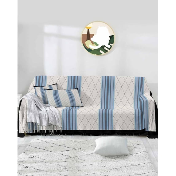 Geometric Blue Sofa Couch Covers for 3 Cushion Couch,Washable L Shape Sectional Sofa Covers for Loverseat/Pet/Kid,Beige Lattice Stripes Country Farmhouse Slipcover Throw Blanket Futon Cover 71x134