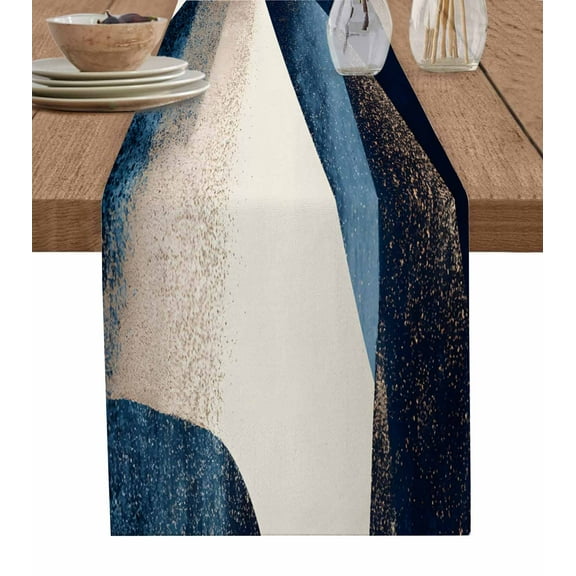 Geometric Blue Table Runner-Cotton Linen- 90 Inch Holiday Dresser Scarves, Abstract Ocean Rustic Boho Patterned Tablerunner for Kitchen Coffee/Dining Bedroom Home Living Room Dinner Scarf Décor 13x90