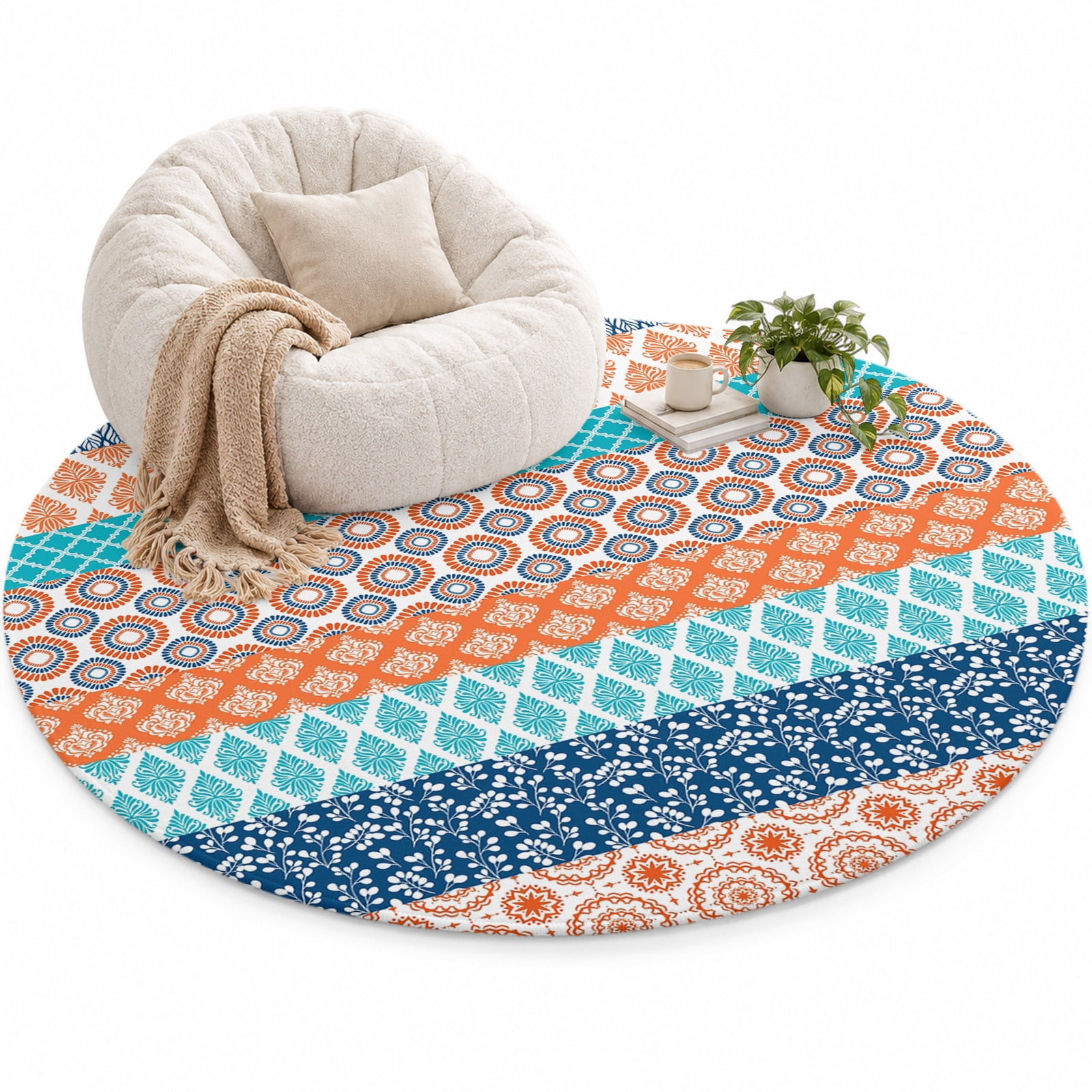 Geometric Bohemia Area Rug 3', Stripes Orange Turquoise and Blue Soft ...