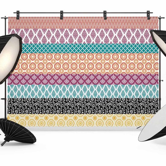 Geometric Bohemia Backdrop for Photography, Stripes Blue Orange and Yellow Photo Backdrop Portrait Background Party Banner Photo Backgrounds for Studio Booth Props, 12x8ft