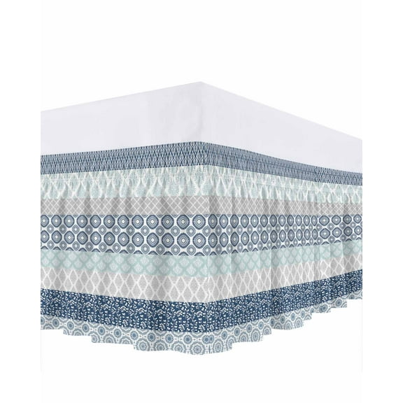 Geometric Bohemia Bed Skirt Queen Size 18" Drop Stripes Gray White and Blue Ruffled Wrap Around Bed Skirts Adjustable Elastic Bedskirt Dust Ruffle for Queen Size Bed