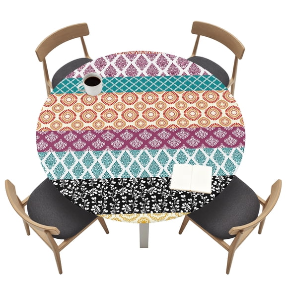 Geometric Bohemia Round Fitted Tablecloth Stripes Blue Orange and Yellow Elastic Table Cloth Waterproof Oil Proof Table Cover Fits 45"-54" Round Tables for Party Picnic Dinner Decor
