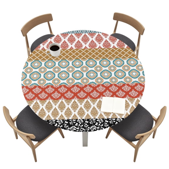 Geometric Bohemia Round Fitted Tablecloth Stripes Brown Red and Blue Elastic Table Cloth Waterproof Oil Proof Table Cover Fits 45"-54" Round Tables for Party Picnic Dinner Decor