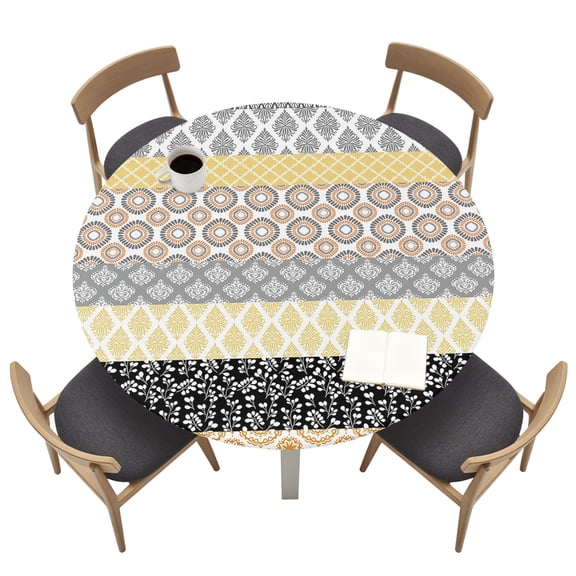 Geometric Bohemia Round Fitted Tablecloth Stripes Brown Yellow and Black Elastic Table Cloth Waterproof Oil Proof Table Cover Fits 45"-54" Round Tables for Party Picnic Dinner Decor