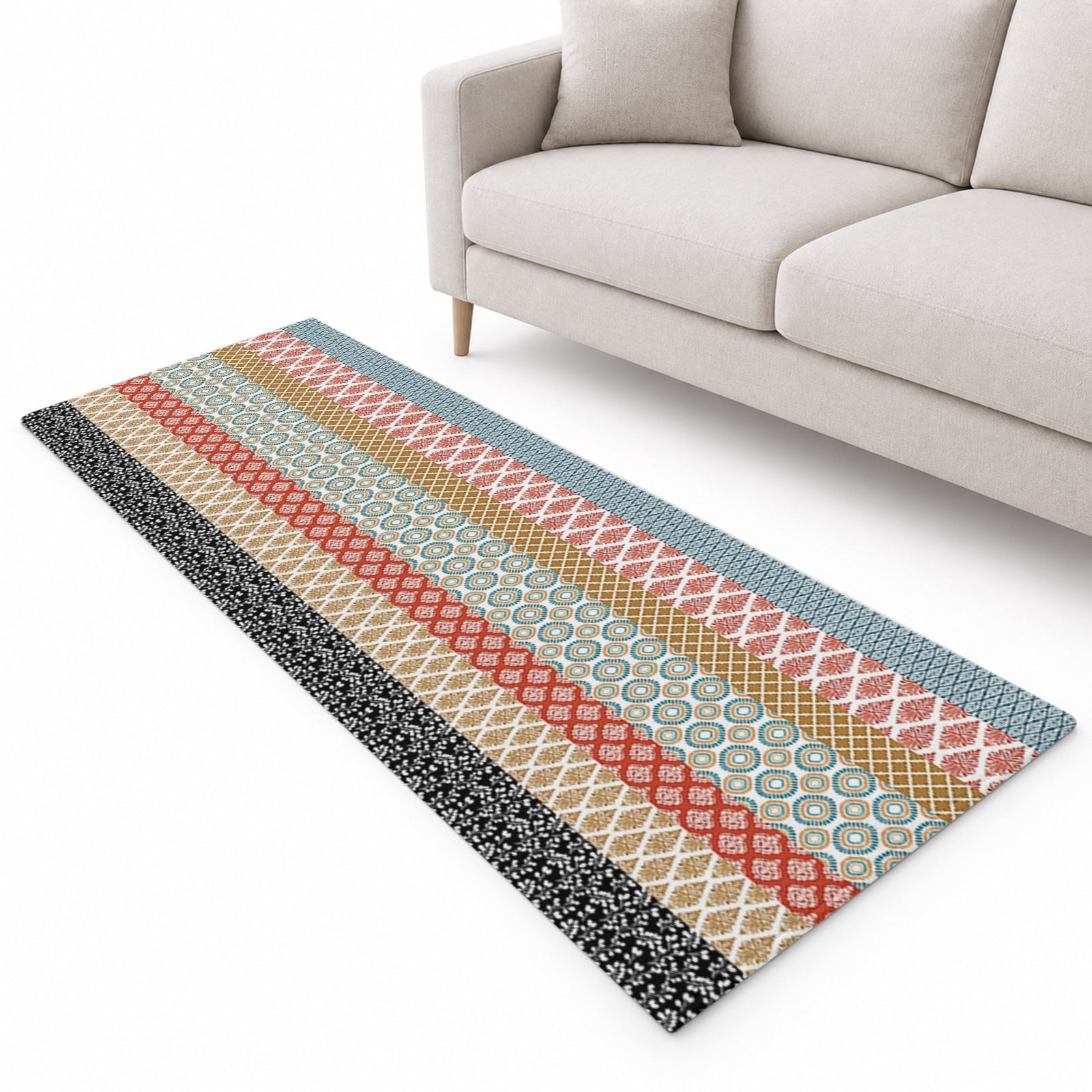 Geometric Bohemia Runner Rug 2'x6', Stripes Brown Red and Blue Soft Mat ...