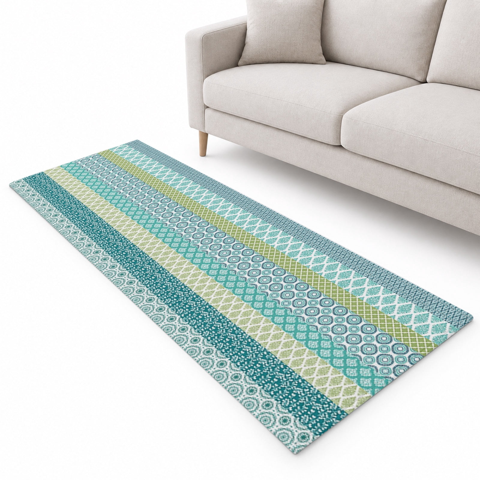 Geometric Bohemia Runner Rug 2'x6', Stripes Green Blue and Turquoise ...