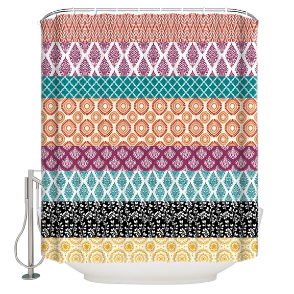 Geometric Bohemia Shower Curtain, 66" x 72", Stripes and Yellow Waterproof Bathroom Curtain Washable Shower Curtain Set with 12 Hooks