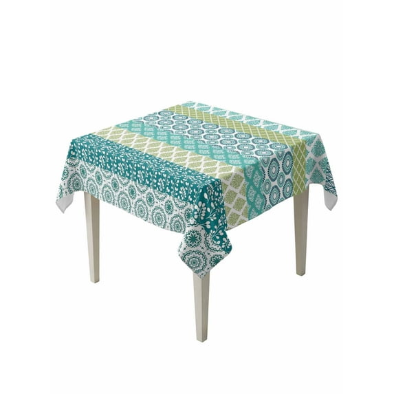Geometric Bohemia Table Cloth 60x60 Inch Square, Stripes Green Blue and Turquoise Waterproof Tablecloth Washable Table Cover for Party Picnic Dinner Decor