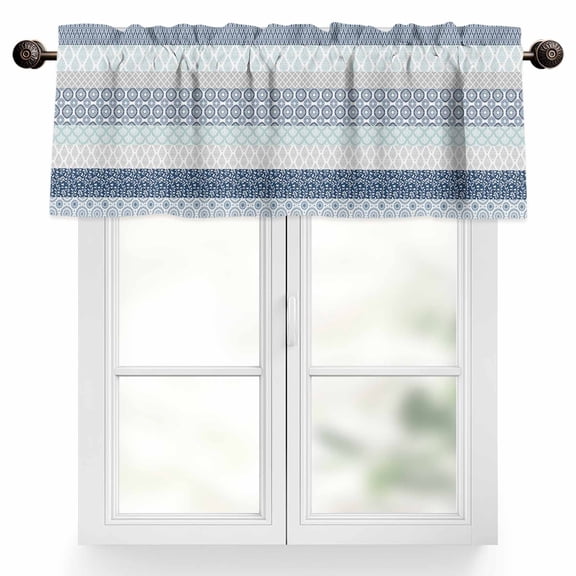 Geometric Bohemia Valances for Windows, 42 x 12in, Stripes Gray White and Blue Rod Pocket Kitchen Valance Curtain Light Filtering Window Treatments for Living Room Bedroom, 1 Panel