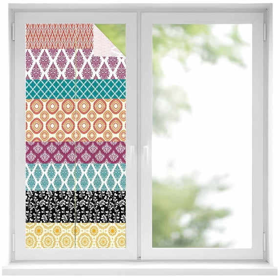 Geometric Bohemia Window Privacy Film Stripes Blue Orange and Yellow Decorative Glass Window Film UV Blocking Static Cling Non-Adhesive Sticker Covering for Home Door 17.7 x 39.3 inches