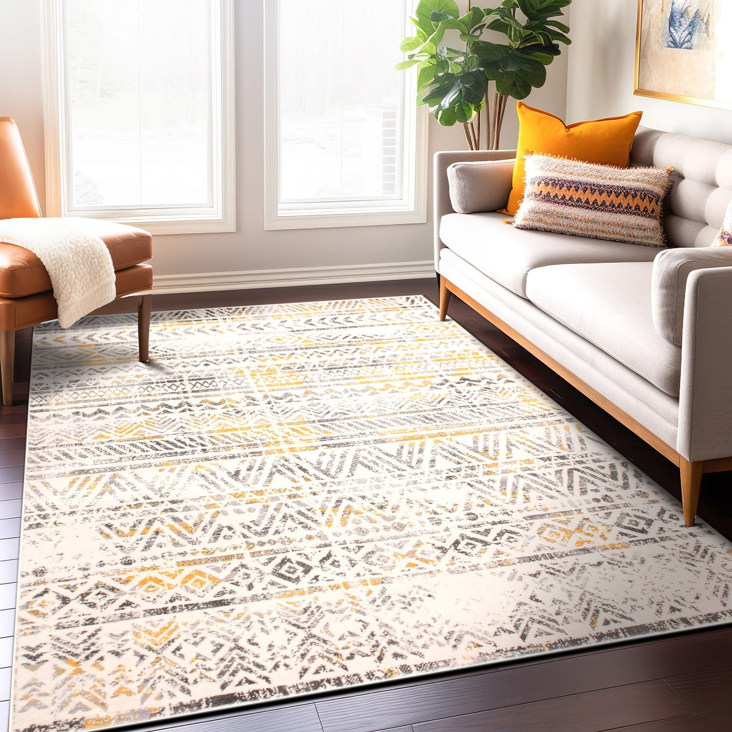 Cheerful Yellow Geometric 5' x 7' Easy-Care Synthetic Area Rug
